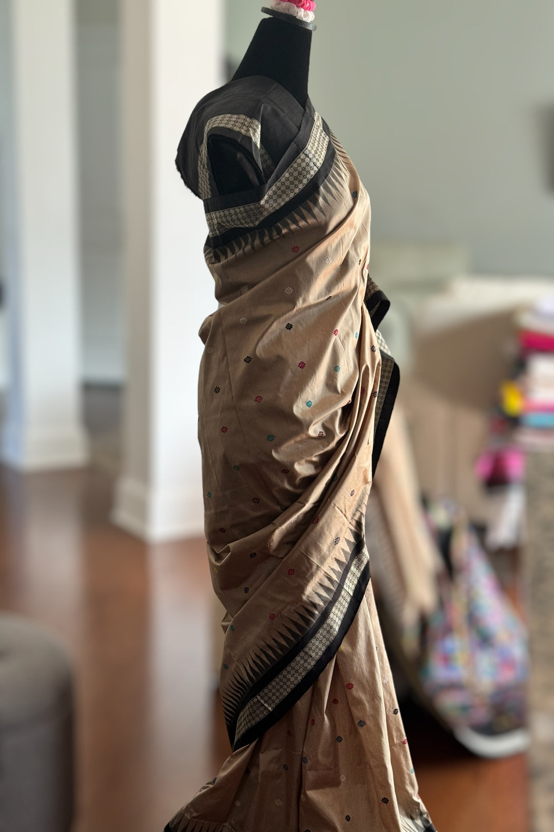Gorgeous desert sand and black Combination Dolabedi pure silk saree from Odisha Weaves