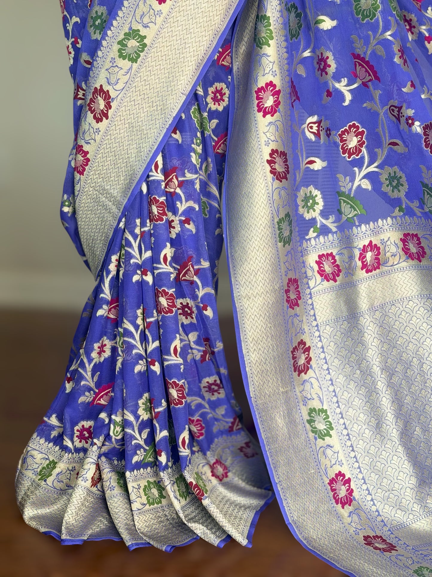 Light lavender-ish blue Banarasi hand woven pure khaddi georgette saree with Tilfi meenakari