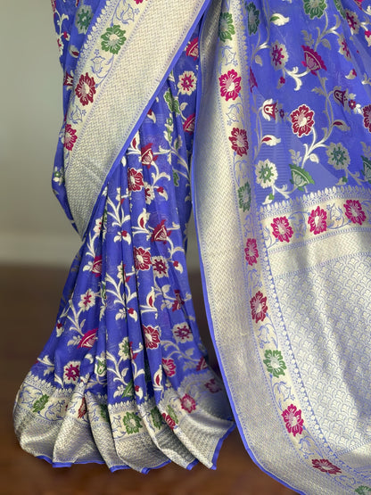 Light lavender-ish blue Banarasi hand woven pure khaddi georgette saree with Tilfi meenakari