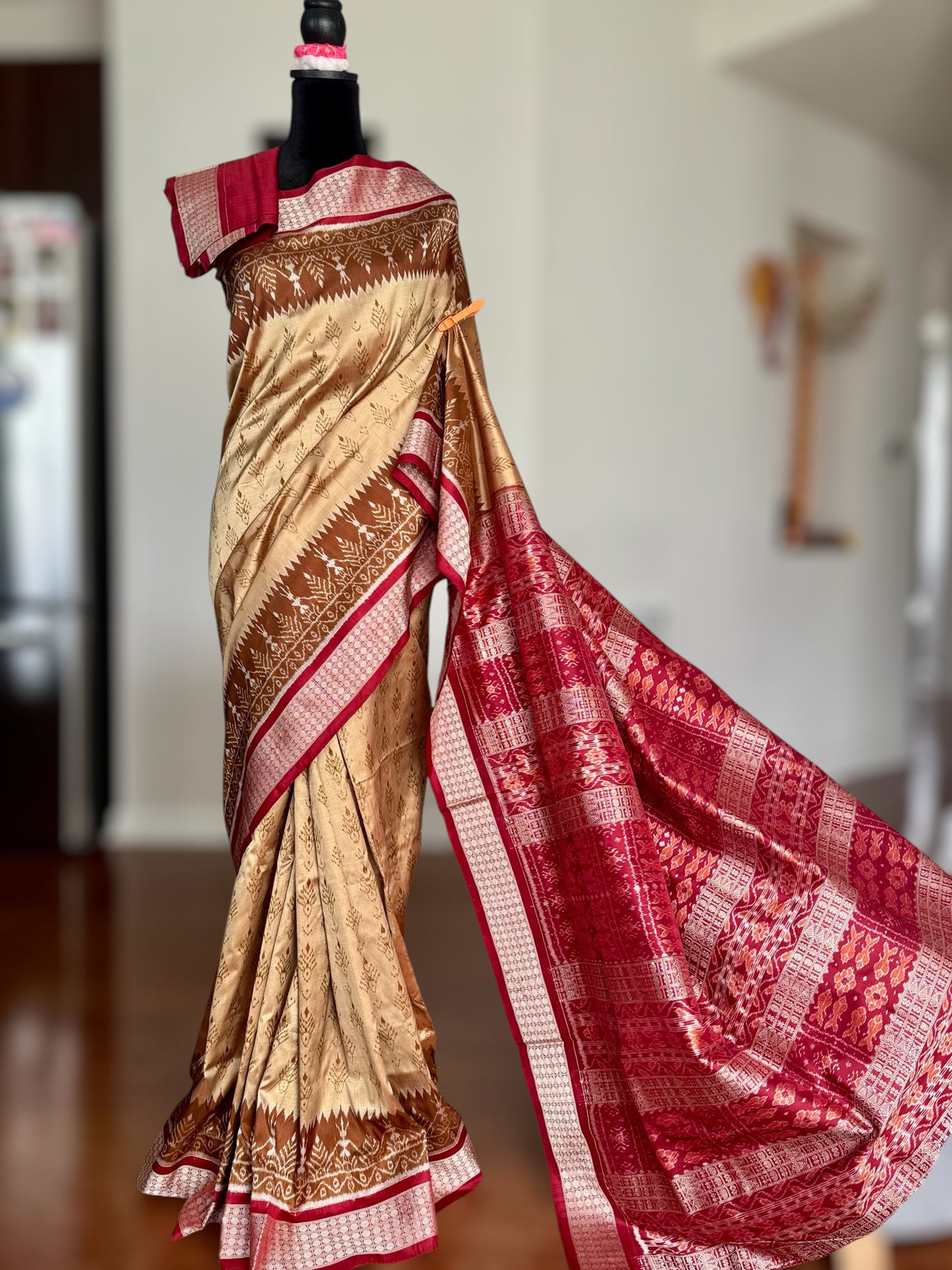 Golden baige and maroon-ish red handwoven Sambalpuri pure Ikkat silk saree | Odisha Weaves