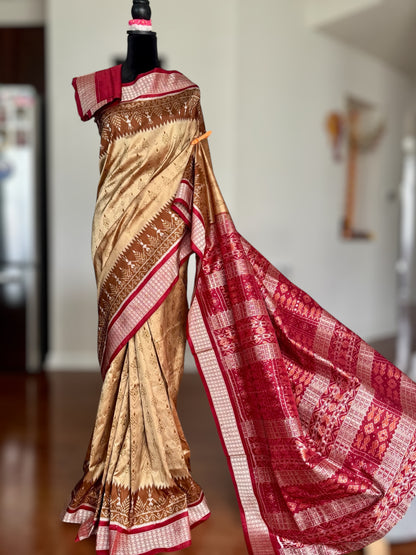 Golden baige and maroon-ish red handwoven Sambalpuri pure Ikkat silk saree | Odisha Weaves