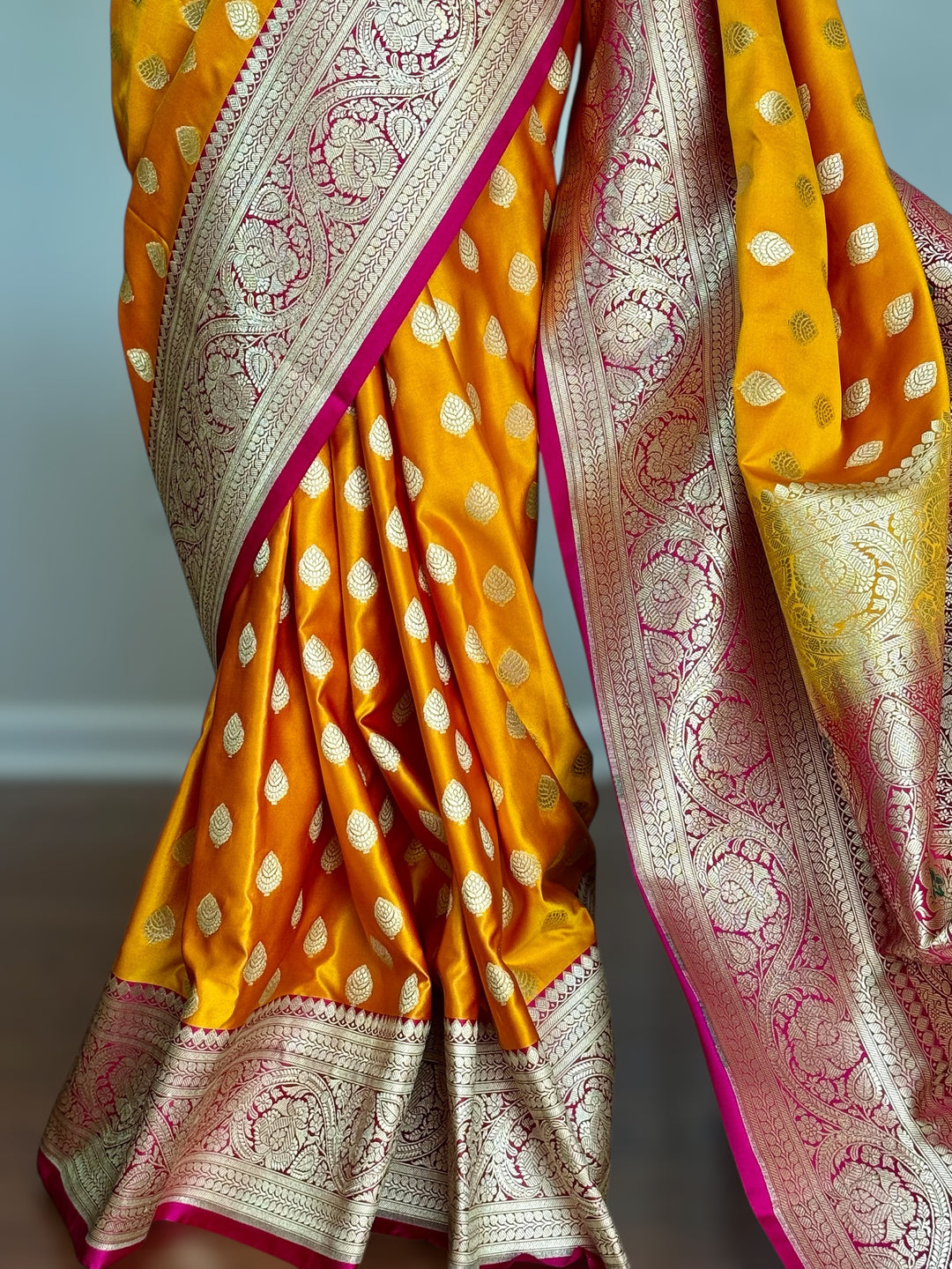 Orange Handloom Banarasi Silk Saree With Stitched Blouse