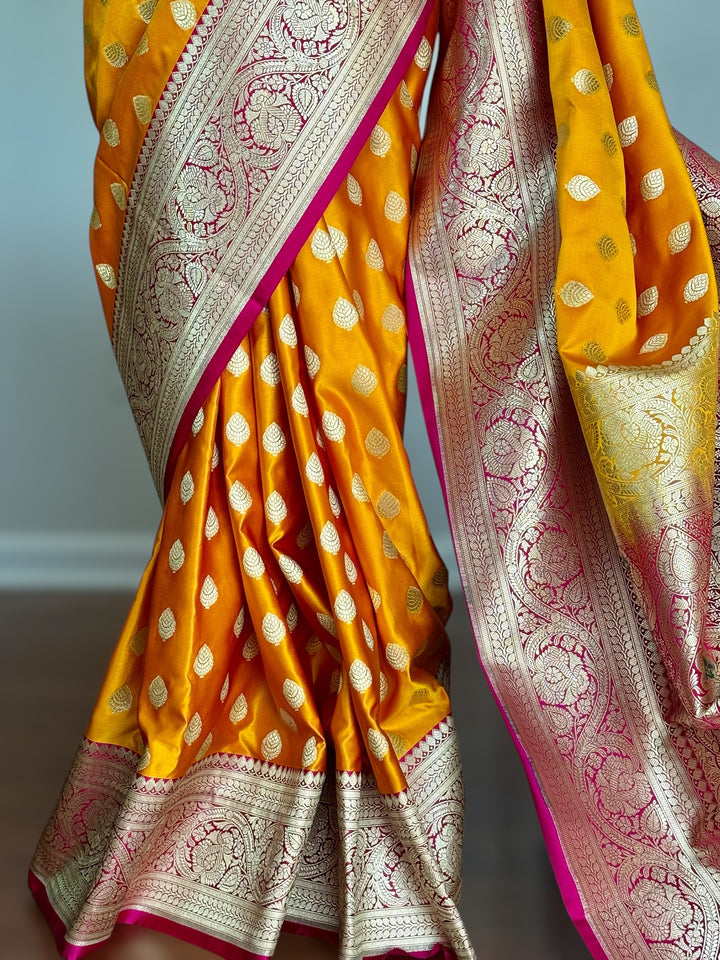 Orange Handloom Banarasi Silk Saree With Stitched Blouse