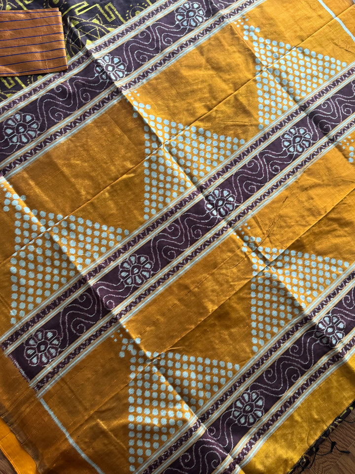 Dark Brown with yellow color handwoven yantra ikat pure silk saree|Odisha Weaves|Contemporary Ikat|