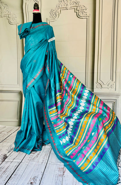 Teal Blue Gopalpur handwoven pure Tussar silk saree with Dongria pallu|Odisha weaves