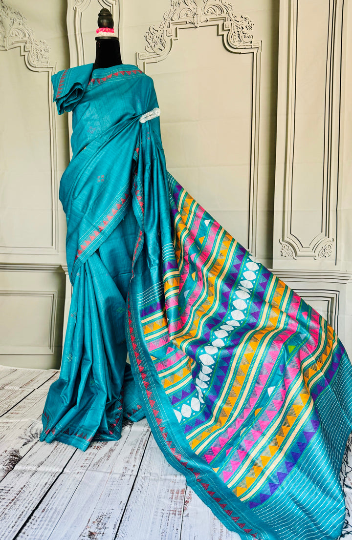Teal Blue Gopalpur handwoven pure Tussar silk saree with Dongria pallu|Odisha weaves