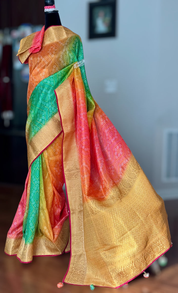 Multi colored Bandhini printed silk saree|Party Wear Saree|PPS