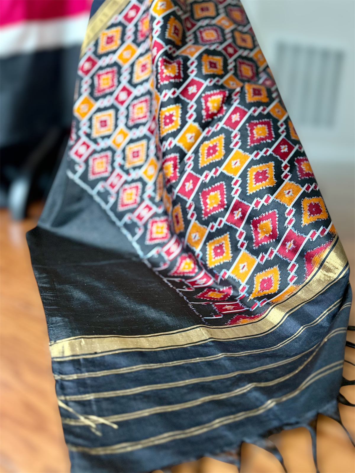 Cambodian inspired Pochampally handwoven double ikat pure silk saree| offwhite base| Sweta