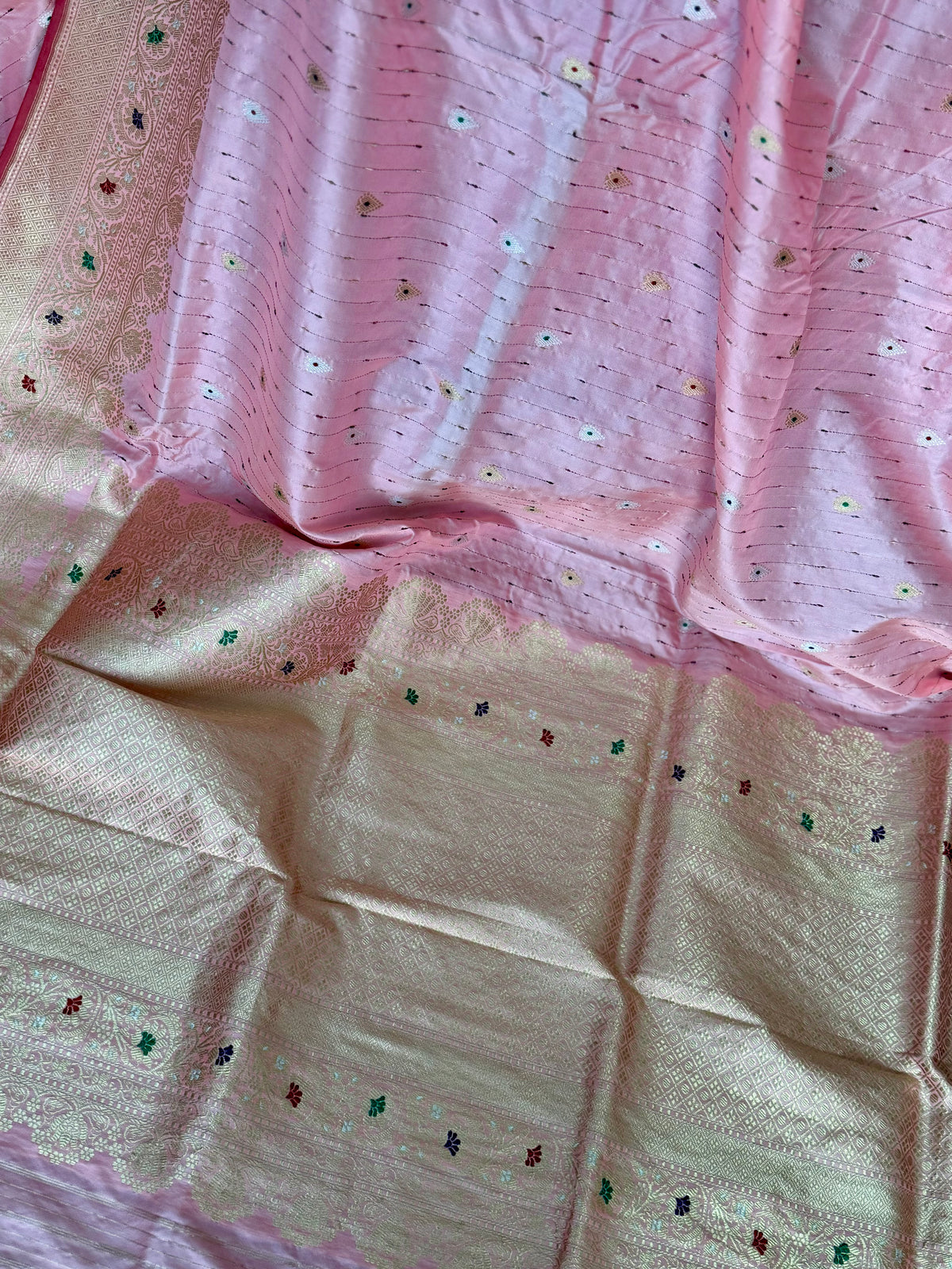 Luxurious Light Peach handwoven pure silk saree with Kadhwa, meenakari work
