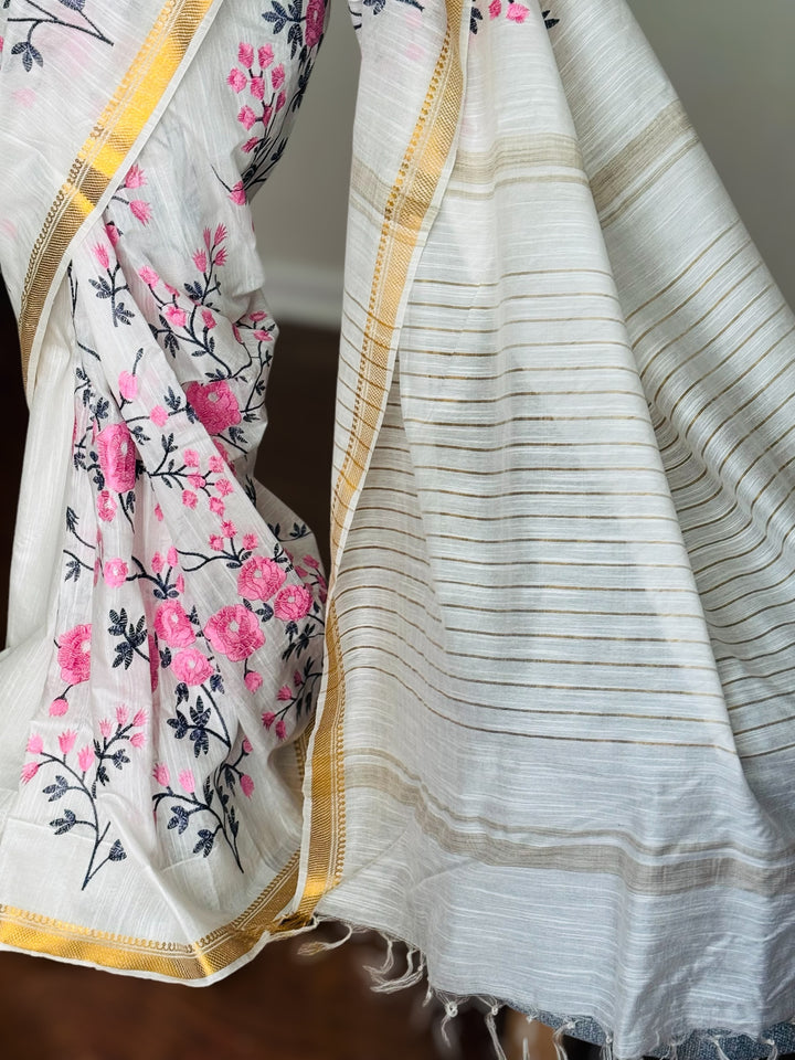 White color Linen muslin silk saree with embroidery work and stitched blouse| Value Vogue
