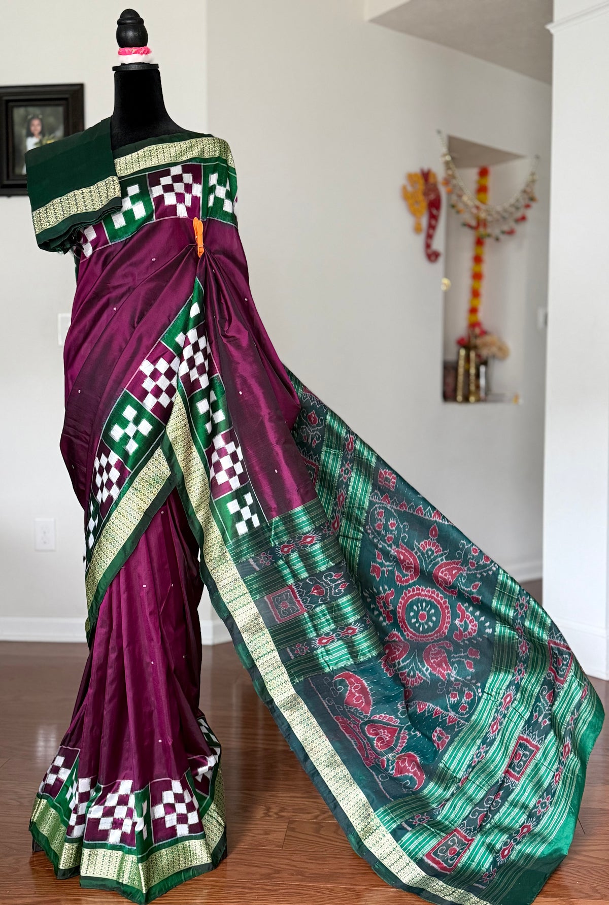 Plum and green combination Sambalpuri pasapali handwoven Ikkat semi-silk saree| Odisha Weaves