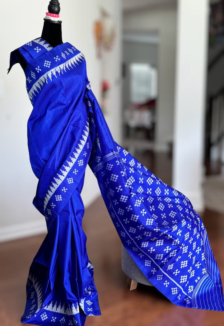Royal Blue color Contemporary Ikat pure mulberry silk saree with pasapali pallu