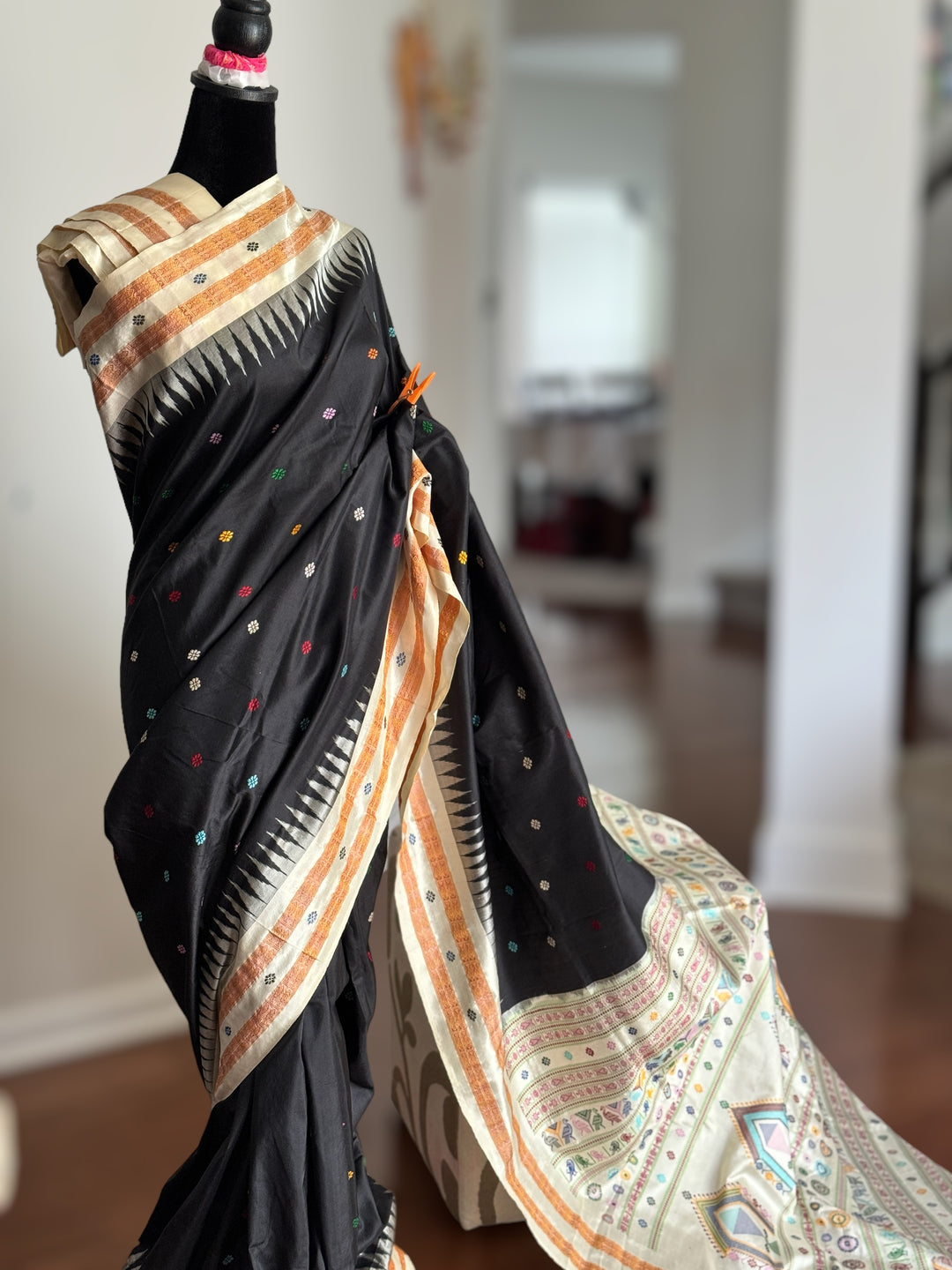 Gorgeous Black and Beige Combination Dolabedi pure silk saree from Odisha Weaves
