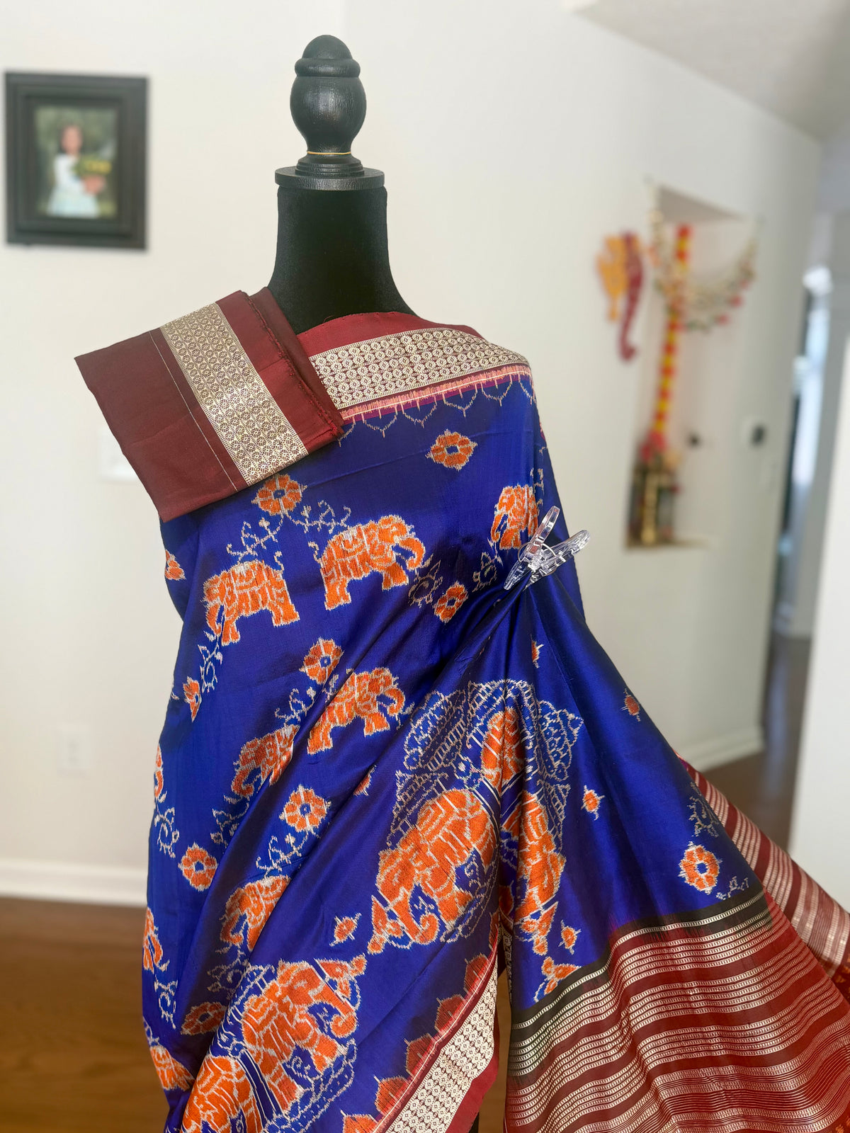 Blue & Maroon Sambalpuri Handwoven Ikat Elephant Motif pure silk Saree | Odisha weaves