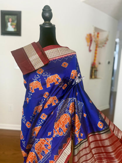 Blue & Maroon Sambalpuri Handwoven Ikat Elephant Motif pure silk Saree | Odisha weaves