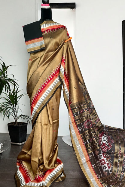 Ikat Khandua Pure Silk Saree from Odisha weaves in a sandy brown color