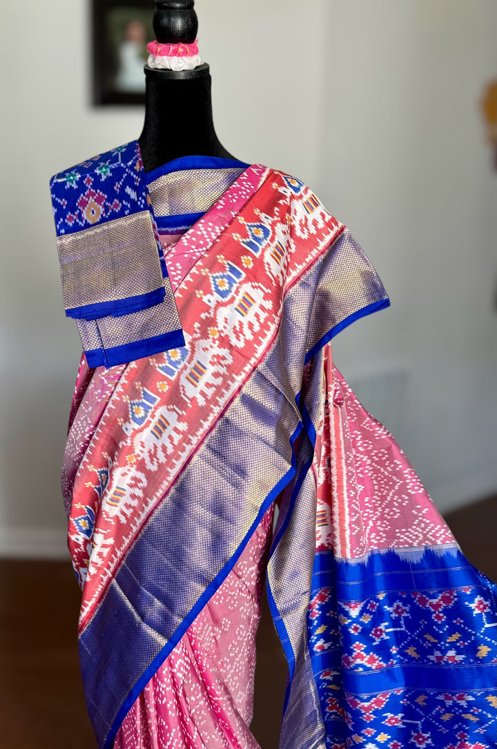 Shot pink Pochampally ikat pure silk saree