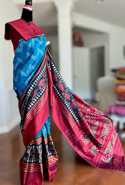 Elegant Blue Pochampally ikat pure silk saree