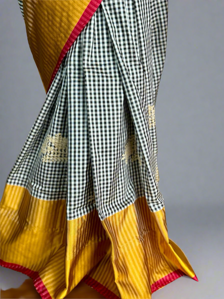 Pure Katan Silk Checks Banarasi handlooms ektara and Kadhwa weaved Saree