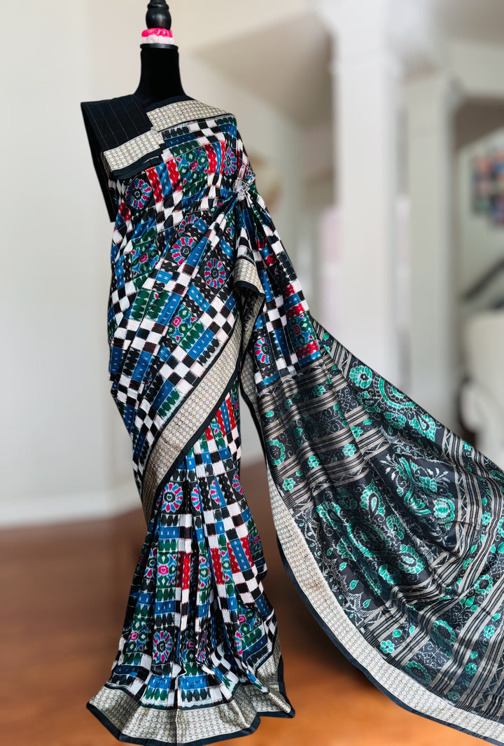 Handwoven Utkal Laxmi Sambalpuri ikat pure silk saree, Green Ikat pallu|Odisha Weaves|