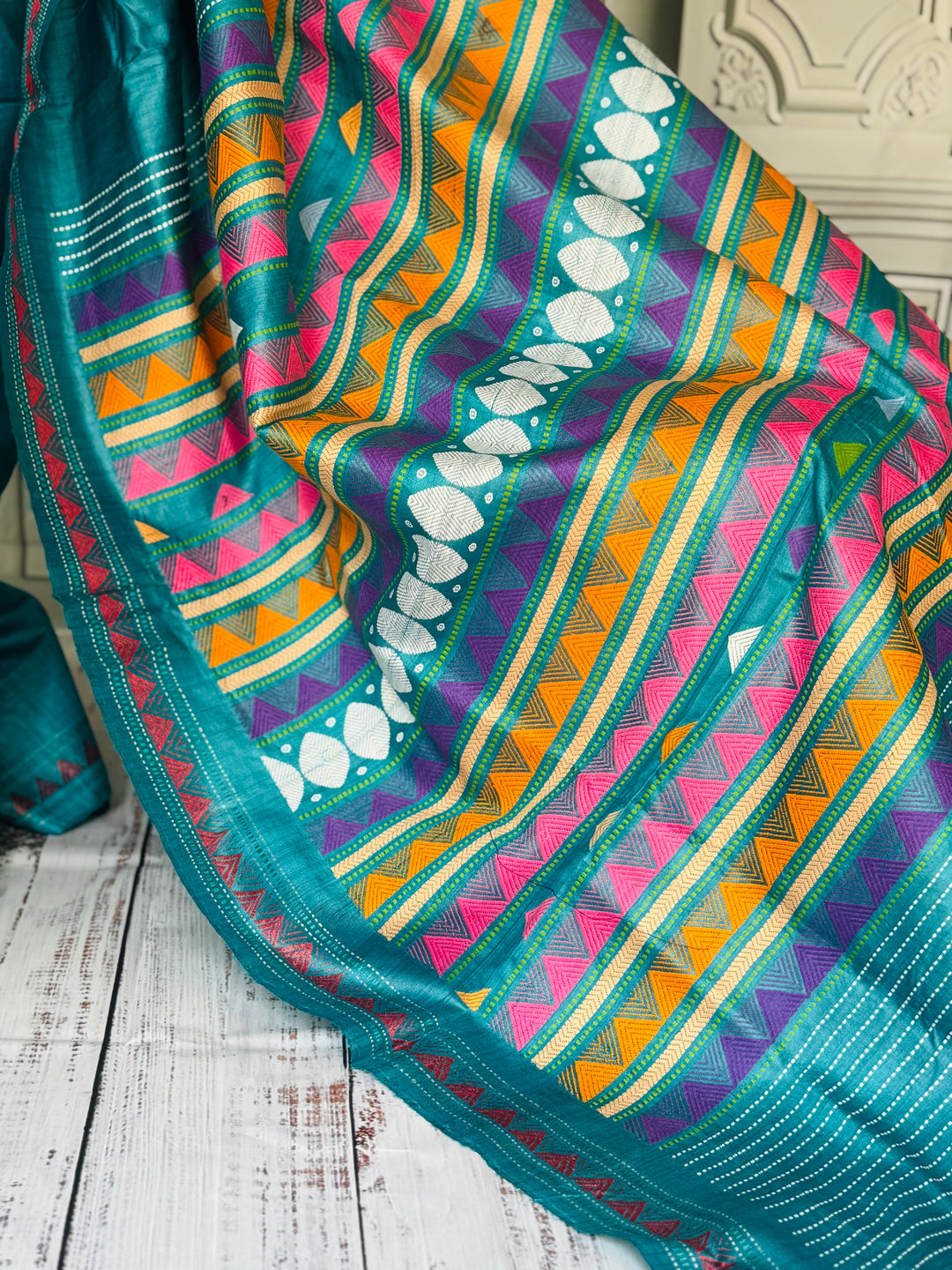 Teal Blue Gopalpur handwoven pure Tussar silk saree with Dongria pallu|Odisha weaves