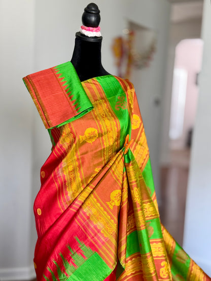 Dark Peach Berhampuri double pallu handwoven  Pure Silk Saree