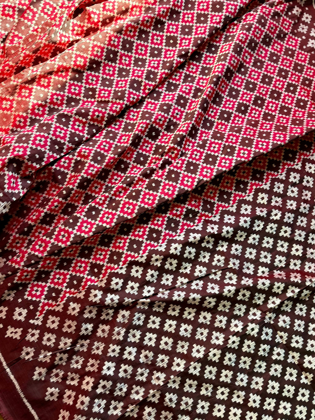 Maroon handwoven ikat pure silk saree with pasapali design|Odisha Weaves|Contemporary Ikat|Antara