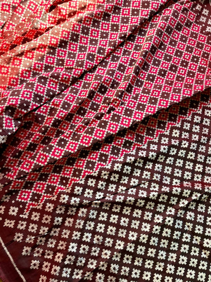 Maroon handwoven ikat pure silk saree with pasapali design|Odisha Weaves|Contemporary Ikat|Antara