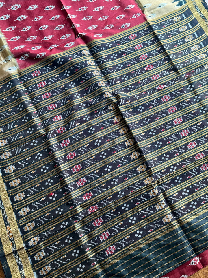 Maroon Beige Chandrika body Contemporary Ikat Pure Silk Saree|Odisha Weaves|Mishrita