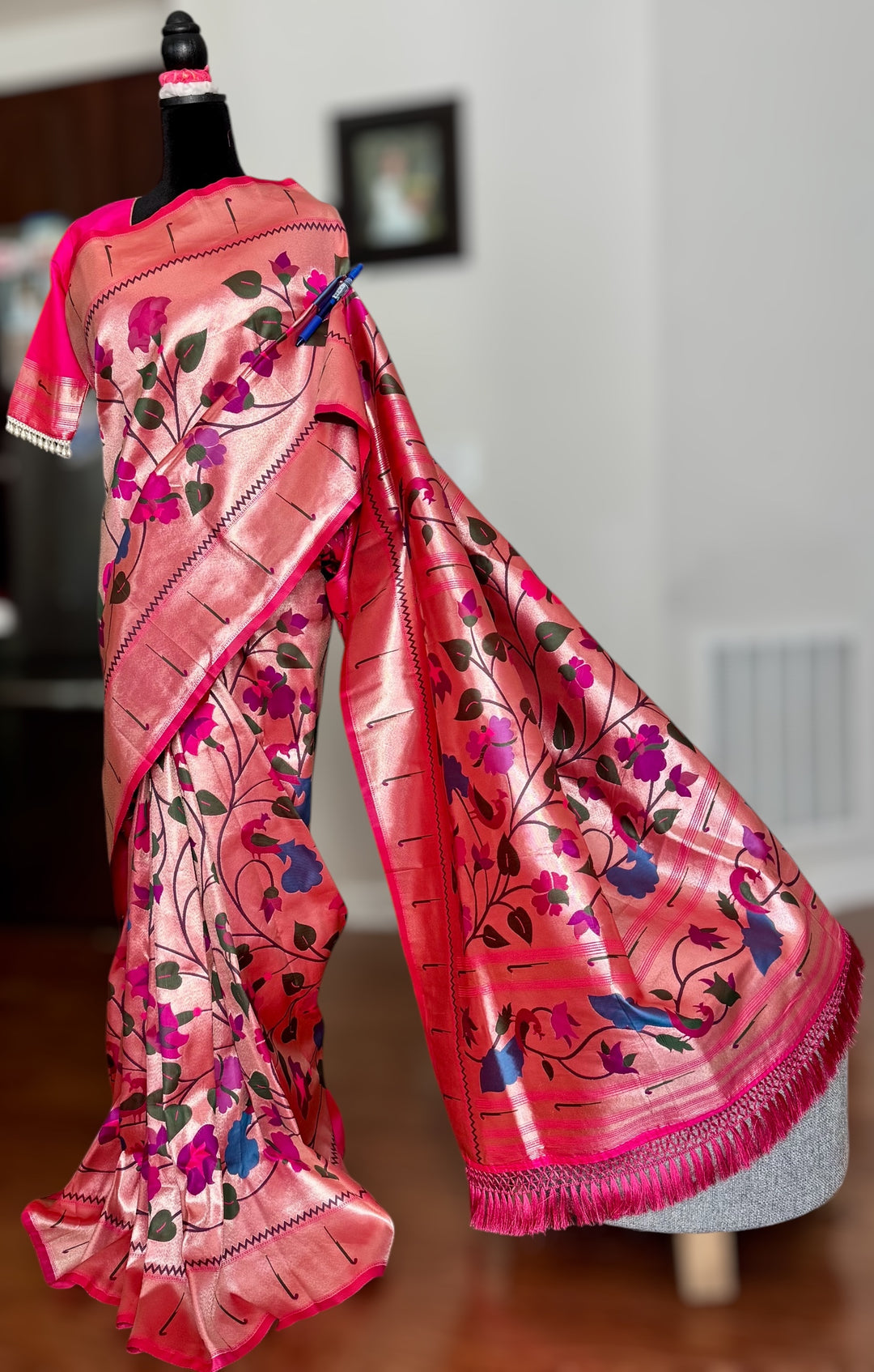 Pink color paithani inspired brocade saree with stitched blouse| Value Vogue