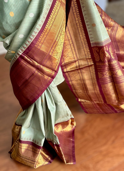 Light Sage Green vintage Checks Gadwal Pure Silk Saree with zari buttas and contrast Maroon border