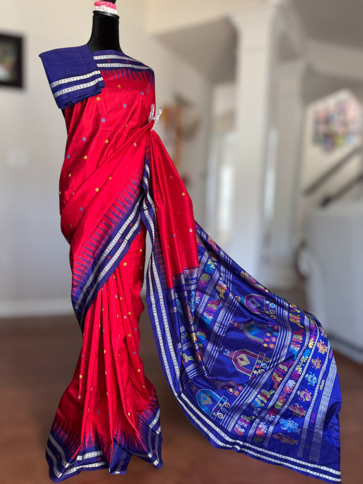 Gorgeous Red with Royal BlueNandighosa pure silk saree from Odisha Weaves| Bomkai|