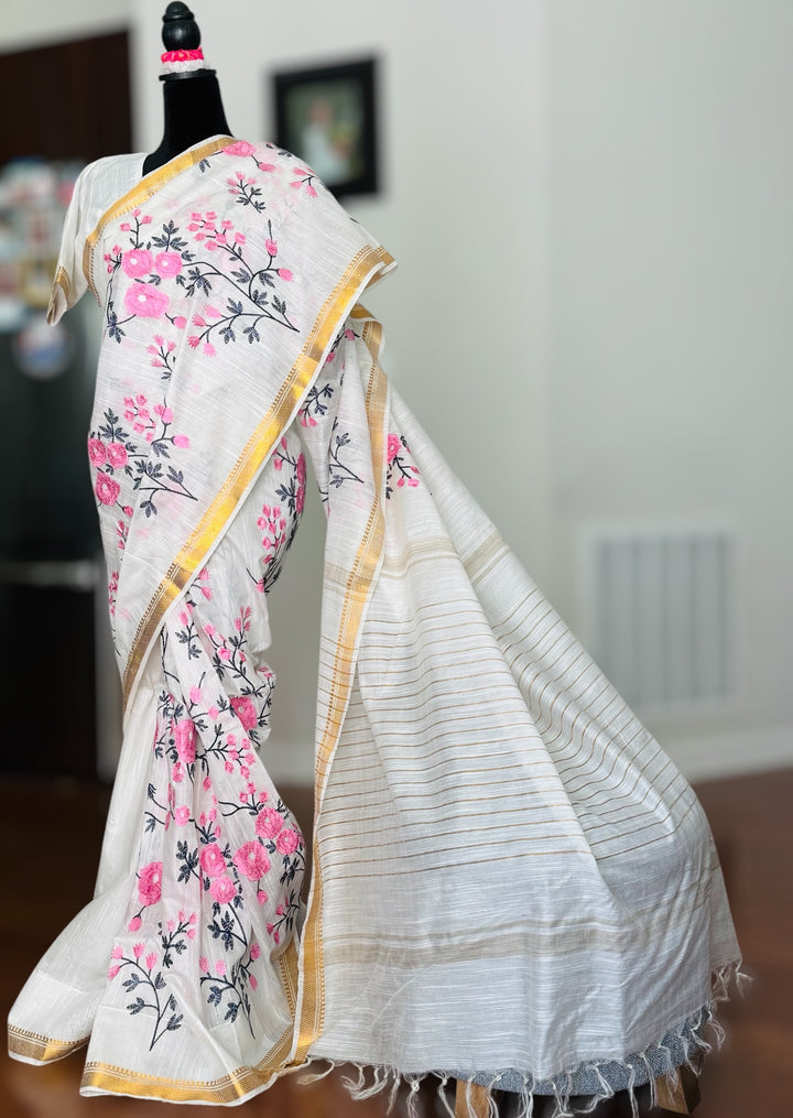 White color Linen muslin silk saree with embroidery work and stitched blouse| Value Vogue