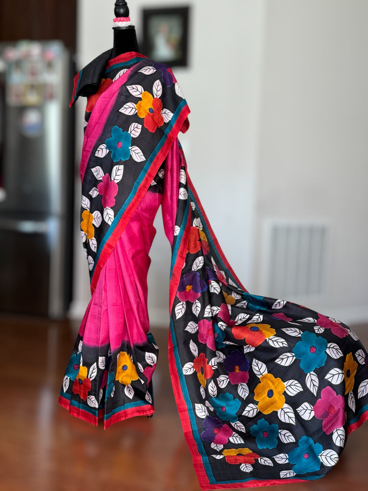 Pink with beautiful flower design Light weight,Hand painted Pure silk saree| Value Vogue