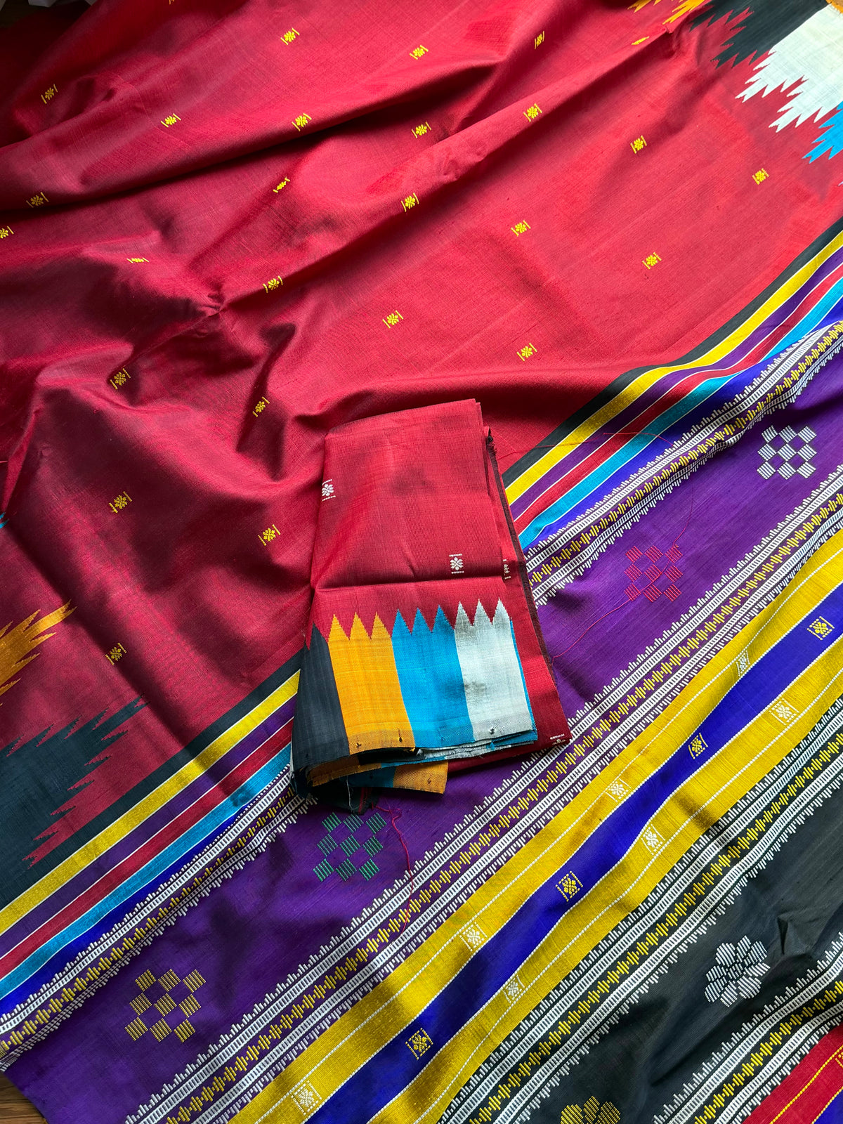 Maroon Berhampuri Pure Silk Saree with multi color Double pallu