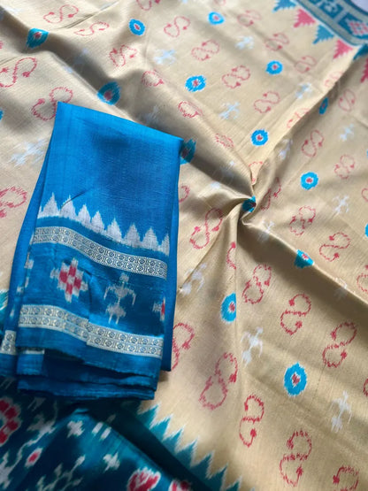 Baige Gold with blue combination handwoven contemporary ikat pure silk saree | Odisha weaves