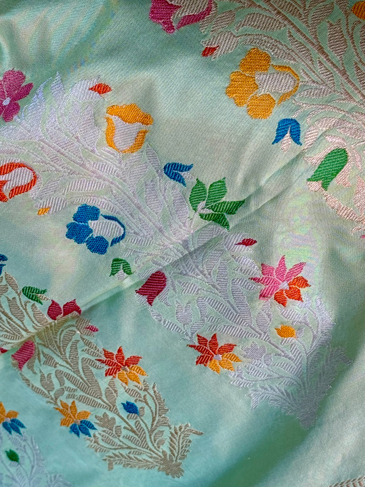 Mint Green Banarasi handloom brocade weaved pure silk saree with Tanchoi meenakari kadhuwa weave saree