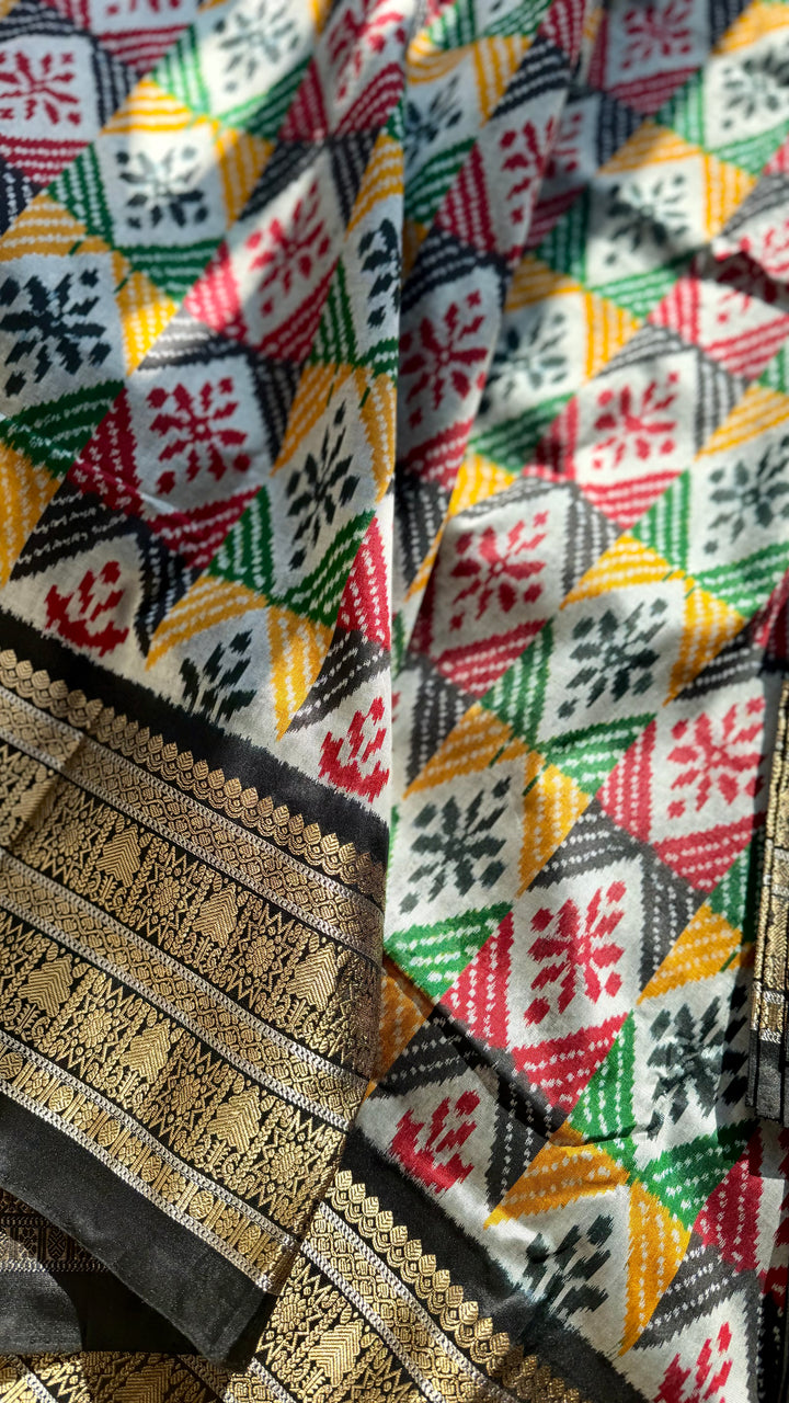 Kanjivaram Ikat Pure Silk Saree with Geometric Motifs(Pochampally)Fusion Silk Saree Unstitched Blouse