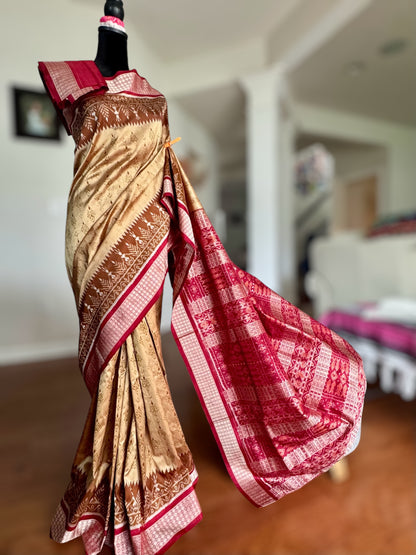 Golden baige and maroon-ish red handwoven Sambalpuri pure Ikkat silk saree | Odisha Weaves