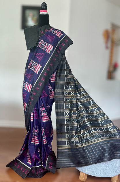 Purple color  Tribal Dance theme Contemporary Ikat Pure Silk Saree|Odisha Weaves