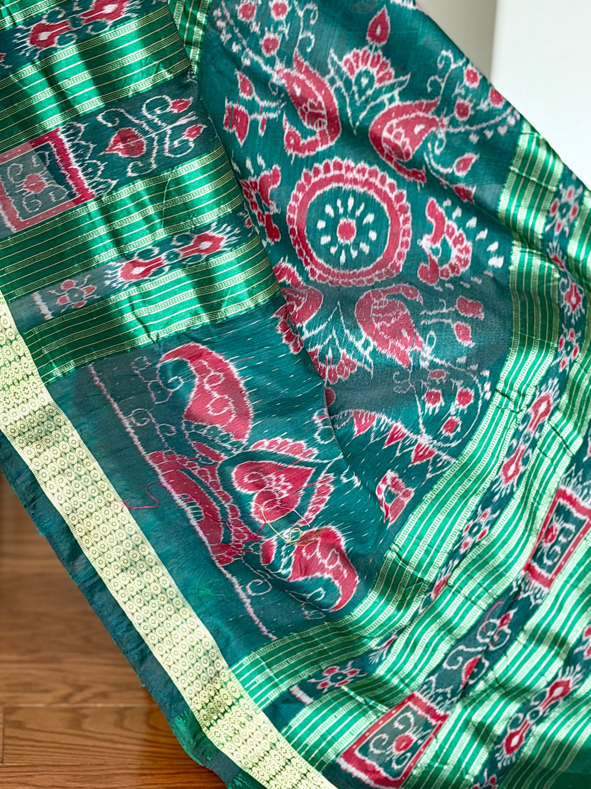 Plum and green combination Sambalpuri pasapali handwoven Ikkat semi-silk saree| Odisha Weaves