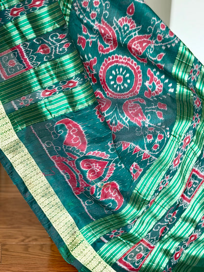 Plum and green combination Sambalpuri pasapali handwoven Ikkat semi-silk saree| Odisha Weaves