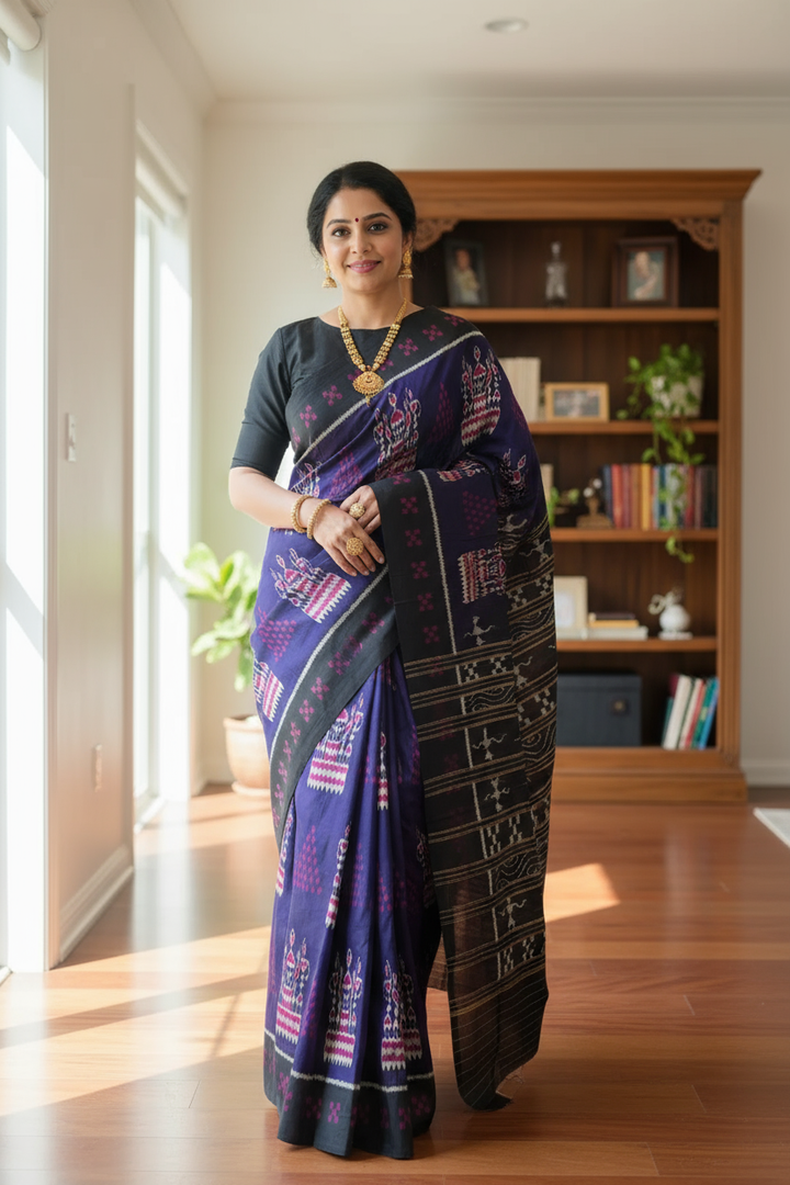 Purple color  Tribal Dance theme Contemporary Ikat Pure Silk Saree|Odisha Weaves