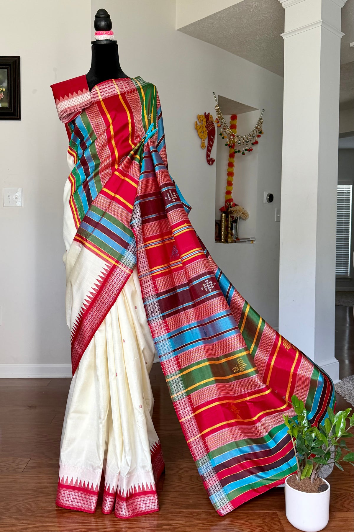 Off- White and Red Berhampuri Double pallu Pure Silk Saree| Odisha Weaves
