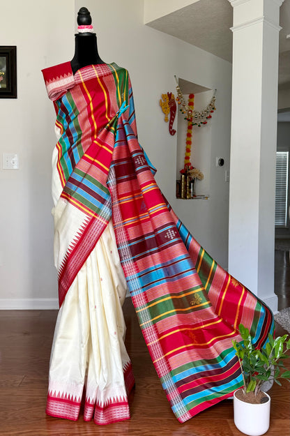 Off- White and Red Berhampuri Double pallu Pure Silk Saree| Odisha Weaves