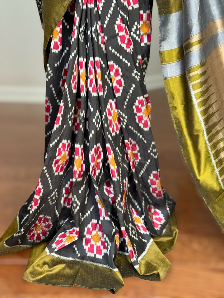 Black color handwoven ikat pure silk saree with Baghambari motif|Odisha Weaves|Contemporary Ikat|