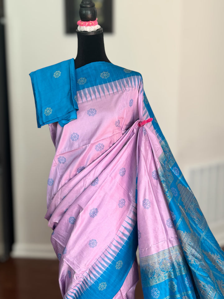 Pale Lavender handoven konark chakra Bomkai Pure silk saree