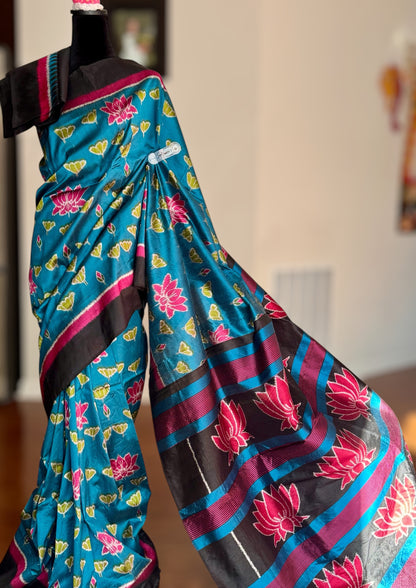 Lotus theme handwoven ikat pure silk saree|Odisha Weaves|Contemporary Ikat|