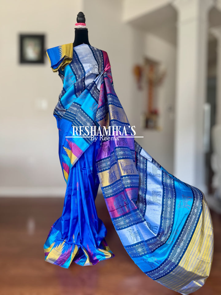 Blue Berhampuri Pure Silk Saree with multi color animal motif Double pallu