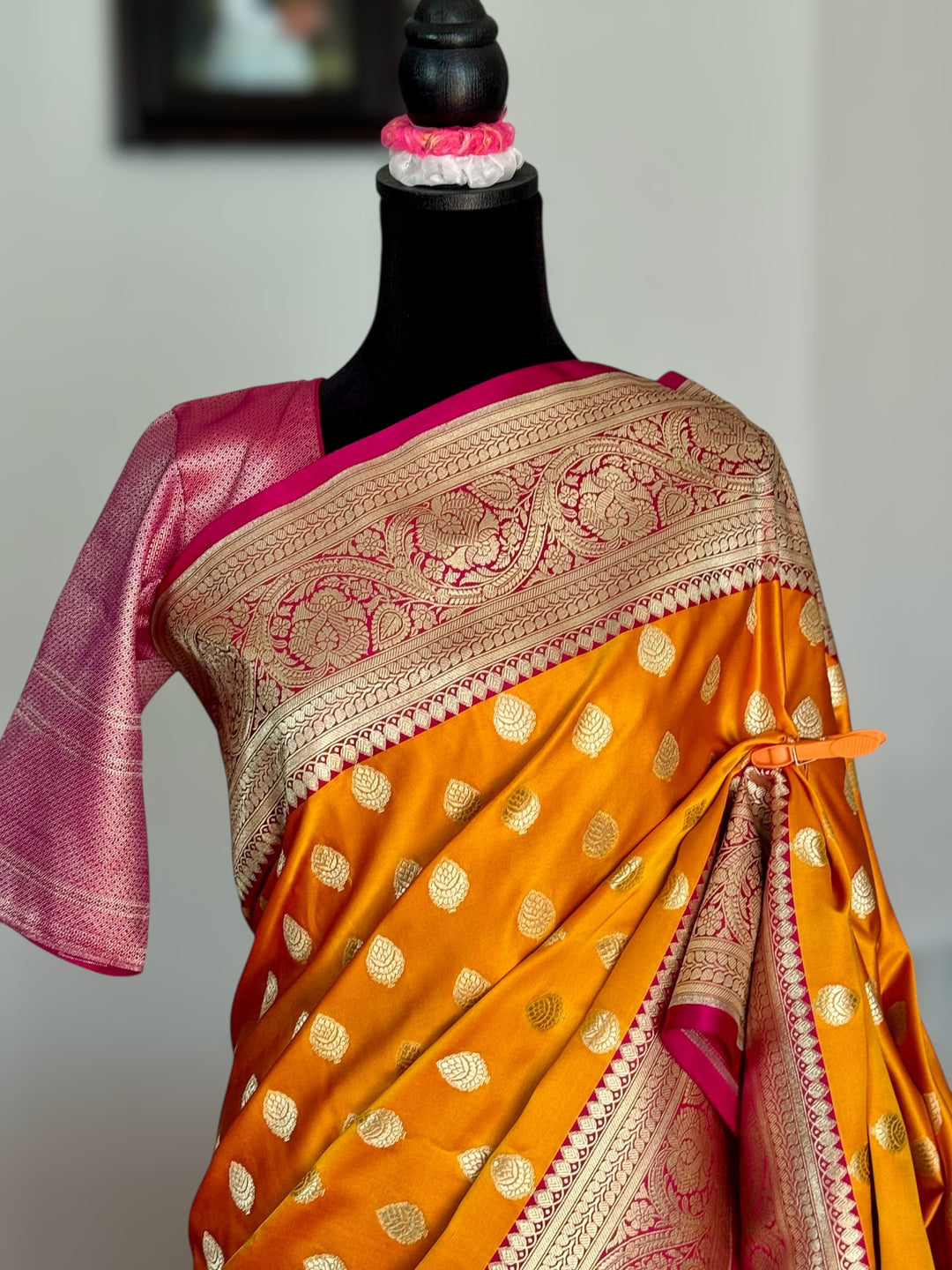 Orange Handloom Banarasi Silk Saree With Stitched Blouse